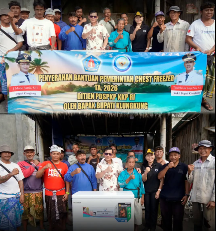 Bupati Klungkung, I Made Satria, menyerahkan bantuan sarana pascapanen berupa chest freezer dari Kementerian Kelautan dan Perikanan (KKP) RI kepada dua Kelompok Usaha Bersama (KUB) nelayan, yaitu KUB Putra Baruna (Desa Negari) dan KUB Bendega Saman Jaya ( Screenshot_2026-07-20_141444.png